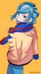  1boy aqua_hair blue_mittens blue_scarf commentary_request eyelashes green_eyes grusha_(pokemon) hand_in_pocket highres jacket long_sleeves looking_to_the_side male_focus pants pokemon pokemon_(game) pokemon_sv scarf scarf_over_mouth solo translation_request twitter_username ukocome watermark yellow_background yellow_jacket 