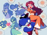  1boy 1girl :d absurdres angry blue_background blue_eyes blue_skin boshi_(super_mario_rpg) breathing_fire brown_hair claws clenched_hands closed_mouth collar colored_skin constricted_pupils cookie cookie_jar crown daisy dinosaur dress earrings fang fire flower flower_earrings food foxdropsdraws frown gloves heavy_breathing highres holding jewelry leaning_forward looking_at_another looking_up mario_(series) nintendo open_mouth orange_dress orange_footwear pointing princess_daisy red_footwear riding sash simple_background smile smirk spiked_collar spikes sunglasses super_mario_rpg white_sash 
