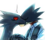  anthro avian beak black_body black_clothing black_topwear clothed clothing duo empty_eyes eyes_closed fumikage_tokoyami hi_res kuttoyaki male my_hero_academia open_mouth red_eyes side_view simple_background topwear white_background white_clothing white_topwear yellow_beak 