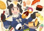  1girl @_@ absurdres animal_ears black_gloves blue_skirt blue_sweater blush bow bowtie bread brown_fur brown_hair chopsticks doughnut drooling extra_ears food fur_collar fur_trim gloves hair_between_eyes highres ice_cream_cone kemono_friends kumasyan1998 long_sleeves melon_bread multicolored_hair noodles onigiri open_mouth pizza pleated_skirt raccoon_ears raccoon_girl raccoon_tail ramen roe sailor_collar school_uniform serafuku sidelocks skirt solo sushi sweatdrop sweater tail tanuki_(kemono_friends) two-tone_hair upper_body white_bow white_bowtie white_fur white_hair 