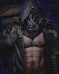  1boy abs backpack bag bandana bandana_over_mouth bara bare_pectorals black_coat chest_hair coat coat_stash dark_background fingerless_gloves gloves highres hood hood_up hooded_coat large_pectorals long_coat looking_at_viewer male_focus merchant_(resident_evil) muscular muscular_male naked_coat navel navel_hair nipples paragas95leon pectorals purple_bandana resident_evil resident_evil_4 resident_evil_4_(remake) simple_background solo upper_body watermark 