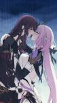  2girls backless_outfit black_dress black_gloves blush breasts brown_hair closed_eyes cloud cloudy_sky dress eden_(honkai_impact) elbow_gloves elysia_(honkai_impact) face-to-face facing_another french_kiss from_side gloves highres honkai_(series) honkai_impact_3rd hug kiss long_hair long_sleeves medium_breasts multiple_girls open_mouth outdoors piiroinardesco pink_hair pointy_ears profile rain saliva saliva_trail sky very_long_hair wet wet_hair yuri 