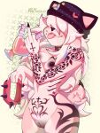  anthro arm_tattoo belly_tattoo black_nipples bottomwear canid canine canis clothing collar domestic_dog female fur gesture hi_res hidden_eyes leg_tattoo mammal middle_finger nipples nude pink_body pink_kutal23 solo solo_focus tattoo tongue tongue_out 
