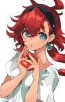  1girl black_hairband blue_eyes collarbone food gundam gundam_suisei_no_majo hair_between_eyes hairband holding holding_food holding_vegetable ito_noizi long_hair looking_at_viewer parted_lips red_hair shirt short_sleeves simple_background solo suletta_mercury thick_eyebrows tomato upper_body vegetable white_background white_shirt 