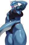  2023 absurd_res anthro biceps blue_body blue_hair breasts butt clothing deltoids female fish hair hi_res marine muscular muscular_female panties rear_view shark solo sotcho tattoo thick_thighs underwear 