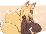  1girl animal_ears blonde_hair border breast_lift breasts bright_pupils brown_background brown_sweater cleavage_cutout closed_mouth clothing_cutout fox_ears fox_girl from_side hair_ornament hair_over_one_eye highres kitsune large_breasts long_hair long_sleeves looking_at_viewer original red_eyes ribbed_sweater smile solo sweater tazaigo turtleneck turtleneck_sweater upper_body white_border 