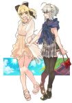  2girls ahoge aqua_eyes artoria_pendragon_(fate) black_shirt black_shorts black_thighhighs blonde_hair blue_scarf boots bow braid breasts closed_mouth fate/grand_order fate_(series) flower french_braid full_body gray_(fate) green_eyes grey_hair grey_skirt hair_bow hair_bun hair_flower hair_ornament highres holding_hands jewelry long_hair looking_at_another lord_el-melloi_ii_case_files medium_breasts mitsurugi_sugar multiple_girls necklace open_mouth ponytail saber_lily sandals scarf shirt shorts shorts_under_skirt sidelocks single_hair_bun skirt sleeveless sleeveless_shirt smile thighhighs yellow_skirt 