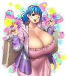  1girl absurdres bag blue_hair breasts cleavage cowboy_shot dress earrings erkaz hairband highres holding holding_bag huge_breasts jacket jewelry long_sleeves medium_hair one_eye_closed original outline pink_dress pink_hairband purple_jacket red_eyes rina_atherina solo star_(symbol) veins veiny_breasts white_outline 