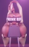  10:16 anthro between_breasts big_breasts blender_(software) blep breasts brown_body chair clothing darkdraketom female furniture generation_4_pokemon hi_res hyper leaning_on_object looking_at_viewer lopunny nintendo panties pinup pokeball pokemon pokemon_(species) pose red_eyes solo text text_on_clothing thick_thighs tongue tongue_out topwear tube_top underwear wide_hips 