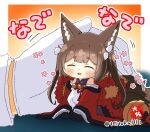  1boy 1girl :d amagi-chan_(azur_lane) animal_ear_fluff animal_ears azur_lane blunt_bangs brown_hair closed_eyes commander_(azur_lane) commentary_request eyeshadow fox_ears fox_girl fox_tail gloves hair_between_eyes hair_ornament happy head_tilt headpat japanese_clothes kitsune kyuubi long_hair long_sleeves makeup mini_person minigirl multiple_tails open_mouth out_of_frame rope seiza shimenawa sidelocks sitting size_difference smile tail taisa_(kari) thick_eyebrows twintails white_gloves wide_sleeves 