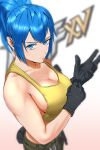  adjusting_clothes adjusting_gloves bare_shoulders belt black_gloves blue_eyes blue_hair blurry blurry_background breasts cleavage collarbone crop_top from_above gloves highres leona_heidern military ponytail pouch sleeveless soldier solitude_steam tank_top the_king_of_fighters the_king_of_fighters_xv yellow_tank_top 