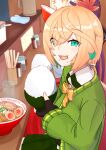  2girls absurdres aqua_eyes aqua_hair black_gloves blonde_hair bow bowl bowtie cardigan chewing chopsticks cup drinking_glass fingerless_gloves food food_bite food_on_face gloves green_cardigan hair_ornament highres inaba_gou_(tenka_hyakken) itsukushima_no_tomonari_(tenka_hyakken) leaf leaf_hair_ornament long_sleeves low_ponytail manmaru_mujin maple_leaf multicolored_hair multiple_girls noodles on_chair onigiri open_mouth ramen restaurant rice_bowl smile swept_bangs tenka_hyakken two-tone_hair wing_collar yellow_bow yellow_bowtie 