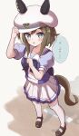  1girl absurdres animal_ears blush breasts cheval_grand_(umamusume) collarbone full_body hat highres horse_girl medium_breasts medium_hair school_uniform solo standing sunanuko_(ramuneko) tail thighhighs translated umamusume white_background 