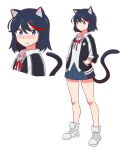  1girl animal_ears black_hair blue_eyes blush brownish_hare cat_ears cat_girl cat_tail highres matoi_ryuuko miniskirt red_hair school_uniform short_hair skirt solo tail tomboy white_background 