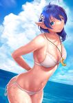  1girl bikini blue_eyes blue_hair breasts closed_mouth cloud crescent crescent_hair_ornament flower hair_flower hair_ornament highres jewelry looking_at_viewer navel necklace pointy_ears rena_lanford short_hair_with_long_locks side-tie_bikini_bottom smile solo star_ocean star_ocean_the_second_story swimsuit water wet yuuki1103 