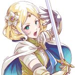  1girl aqua_eyes black_gloves blonde_hair blue_cape cape commentary_request dress fire_emblem fire_emblem_warriors gloves hair_ornament holding holding_sword holding_weapon lianna_(fire_emblem) looking_at_viewer lower_teeth_only mojakkoro open_mouth short_sleeves simple_background solo sword teeth two-tone_cape weapon white_background white_cape white_sleeves yellow_dress 