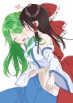  2girls :d absurdres blue_skirt bow breasts brown_hair closed_eyes closed_mouth collared_shirt detached_sleeves frilled_bow frilled_hair_tubes frills frog_hair_ornament hair_bow hair_ornament hair_tubes hakurei_reimu heart highres hug hug_from_behind kochiya_sanae long_hair looking_at_another multiple_girls red_eyes red_shirt red_skirt red_vest shirt sidelocks skirt sleeveless sleeveless_shirt small_breasts smile snake_hair_ornament touhou tsuno_no_hito vest white_shirt white_sleeves yuri 