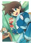  1boy 1girl belt bike_shorts blonde_hair brown_gloves cabbie_hat cropped_jacket data_(mega_man) gloves green_eyes hat highres jacket long_hair looking_at_viewer mega_man_(series) mega_man_legends mega_man_volnutt one_eye_closed open_mouth red_headwear red_jacket red_shorts roll_caskett_(mega_man) ryuji_(ikeriu) short_sleeves shorts smile 