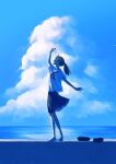  1girl absurdres barefoot blue_sky bottle bottle_on_head cloud day highres horizon kanai_(nai_nai) long_hair neckerchief ocean open_mouth original outdoors ponytail profile sailor_collar school_uniform serafuku shirt shoes shoes_removed short_sleeves skirt sky smile solo summer sweat water water_bottle white_shirt 