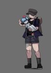  absurd_res backpack bandage bandaged_leg black_bottomwear black_clothing black_hat black_headwear black_shirt black_shorts black_topwear blue_hair blush bottomwear carrying_another clothing duo eye_contact female full-length_portrait generation_3_pokemon grey_background hair hat headgear headwear hi_res human humanoid jacket larger_male looking_at_another male mammal nintendo no_pupils open_mouth pokeball pokemon pokemon_(species) portrait princess_carry ralts shiny_pokemon shirt shorts simple_background size_difference smile topwear white_body white_skin yboon 