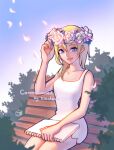  1girl bench blonde_hair blue_eyes breasts commission dddagneo dress falling_petals hair_between_eyes hair_over_shoulder head_wreath highres holding holding_notebook kingdom_hearts kingdom_hearts_ii light_blush looking_at_viewer medium_breasts medium_hair namine notebook outdoors parted_lips petals short_dress sitting sketchbook sleeveless sleeveless_dress smile solo white_dress 