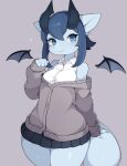  4_fingers anthro bangs blue_body blue_eyes blue_hair blue_skin blush blush_lines bottomwear breasts button_(fastener) claws clothing dragon dress_shirt eyebrows female fingers hair hi_res horn liteee shirt shoulderless_shirt skirt small_wings smile smiling_at_viewer solo sweater tail thick_tail thick_thighs topwear vest white_eyebrows wings 