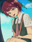  1girl :d blue_sky blurry blurry_background breasts cloud commentary curled_fingers danganronpa_(series) danganronpa_2:_goodbye_despair dress dress_shirt eyelashes foliage freckles green_dress grey_eyes hands_on_lap head_tilt highres koizumi_mahiru light_blush looking_at_viewer medium_breasts n_(a0_0ua) necktie open_mouth parted_lips pinafore_dress plaid_necktie red_hair school_uniform shirt short_hair short_sleeves sitting sketch sky sleeveless sleeveless_dress smile solo strap swept_bangs tree upper_body very_short_hair white_shirt 