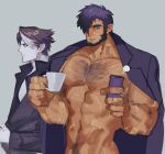  2boys abs bandaid bandaid_on_cheek bandaid_on_face bara bare_pectorals beard bottomless character_request chest_hair coffee_talk cross_scar cup dark-skinned_male dark_skin facial_hair gala_(coffee_talk) hair_over_one_eye holding holding_cup jacket jacket_on_shoulders large_hands large_pectorals looking_at_another male_focus male_pubic_hair mature_male mug multicolored_hair multiple_boys muscular muscular_male navel navel_hair nipples no_shirt notice_lines pectorals pubic_hair purple_hair rono_z scar scar_on_arm scar_on_chest short_hair sideburns sketch stomach streaked_hair thick_eyebrows 