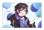  1boy balloon bishounen black_hair blush collar ear_piercing highres holostars jacket kanade_izuru male_focus open_mouth piercing purple_eyes rizn_kk short_hair solo spiked_collar spikes upper_body 