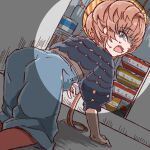  1girl all_fours belt black_sleeves blue_eyes blue_overalls braid brown_hair can caught crown_braid fate/grand_order fate_(series) food hand_on_floor light looking_back open_mouth orange_headwear overalls puffy_sleeves scared shimogamo_(shimomo_12) side_braid solo striped striped_headwear sweat van_gogh_(fate) 