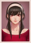  1girl bare_shoulders black_hair collarbone damaged ear_piercing earrings hair_between_eyes hairband hole jewelry photo_(object) piercing red_eyes red_shirt red_sweater sciamano240 shirt short_hair smile spy_x_family straight-on sweater yor_briar 