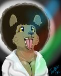  absurd_res afro anthro breasts canid canine cleavage clothed clothing disco ear_piercing ear_ring female hi_res looking_up mammal open_mouth piercing rgb_lighting ring_piercing solo teeth theblueorc white_clothing yellow_eyes 