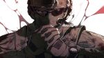  1boy black_gloves black_jacket blood blood_on_clothes broken_eyewear call_of_duty call_of_duty:_modern_warfare_2 gloves headset helmet highres horangi_(modern_warfare_2) jacket looking_at_viewer male_focus mask mouth_mask niktatek0 own_hands_together solo sunglasses twitter_username watch wristwatch 