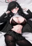  1girl black_hair black_pantyhose black_skirt blue_archive blush breasts clothes_lift hair_ornament hairclip halo highres hyouhyou_sub large_breasts long_hair pantyhose pleated_skirt red_eyes rio_(blue_archive) skirt sweater sweater_lift thigh_strap turtleneck turtleneck_sweater 
