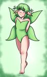 1girl absurdres arms_behind_back black_souls blush bodysuit fairy fairy_wings green_bodysuit green_eyes green_hair green_theme green_wings highres leaf_(black_souls) light_green_hair looking_at_viewer non-web_source pointy_ears short_hair simple_background smile wings 