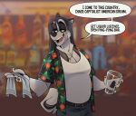  aloha_shirt anthro black_hair blurred_background borya_(cadaverrdog) bottomwear cadaverrdog canid canine canis clothing container cup curled_tail denim denim_clothing dialogue domestic_dog drinking_glass english_text eye_scar facial_hair facial_scar fangs fur glass glass_container glass_cup gold_(metal) gold_tooth grey_body grey_fur greying_hair hair half-closed_eyes hi_res husky jeans jewelry long_hair male mammal narrowed_eyes necklace nordic_sled_dog open_mouth open_smile pants pattern_clothing pattern_shirt pattern_topwear pint_glass scar shirt sideburns simple_background smile solo speech_bubble spitz tail tank_top teeth text topwear 