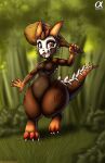  2023 absurd_res anthro big_butt breasts butt club_(weapon) digital_media_(artwork) english_text featureless_breasts female grass hi_res horn if_hell_had_a_taste kobold kou_skullbreaker leg_markings markings mask melee_weapon non-mammal_breasts open_mouth plant red_eyes short_stack skull_mask solo text thick_thighs viroveteruscy weapon 