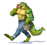  2023 abs alley-gator anthro barazoku barefoot basket bottomwear clothed clothing container crocodile crocodilian crocodylid denim denim_bottomwear denim_clothing fansl feet food full-length_portrait hi_res holding_basket holding_container holding_object jeans jewelry licking_popsicle male markings muscular muscular_anthro muscular_male necklace pants pecs popsicle portrait reptile scale_markings scales scalie smile solo supa_team_4 tail tongue tongue_out topless walking 