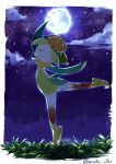  absurdres aonoha_0305 border bright_pupils brown_eyes cloud commentary_request from_side grass highres hisuian_lilligant leg_up moon night outdoors pokemon pokemon_(creature) sky solo standing standing_on_one_leg white_border white_pupils 