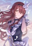  1girl absurdres asymmetrical_clothes black_choker blush brown_hair choker collarbone falling_feathers floating_hair gloves hair_between_eyes highres idolmaster idolmaster_shiny_colors light_smile long_hair looking_at_viewer osaki_tenka outdoors simoumi_217 solo upper_body very_long_hair white_gloves wing_hair_ornament yellow_eyes 