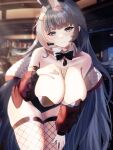  1girl animal_ears azur_lane black_leotard blurry blurry_background breasts cleavage commission detached_collar fake_animal_ears fishnet_thighhighs fishnets grey_hair hand_on_own_chest hanging_breasts highres huge_breasts ind jacket leaning_forward leotard long_hair long_sleeves padded_jacket pixiv_commission playboy_bunny rabbit_ears solo tako-san_wiener_(takosanuma) thighhighs very_long_hair vittorio_veneto_(azur_lane) 