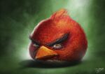  2010 angry angry_birds artist_name avian beak bird bodily_fluids crying feathers feral frown frown_eyebrows green_background half-closed_eyes narrowed_eyes orange_beak realistic red_(angry_birds) red_body red_feathers sam_spratt signature simple_background tears 