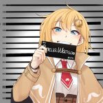  1girl barbie_mugshot_(meme) blonde_hair blue_eyes blush bob_cut brown_capelet capelet character_name collared_shirt detective gear_hair_ornament grin hair_ornament height_chart height_mark highres holding holding_sign hololive hololive_english long_sleeves looking_at_viewer meme mittsu monocle_hair_ornament mugshot necktie prison prisoner red_necktie shirt short_hair short_necktie sign smile upper_body virtual_youtuber watson_amelia white_shirt yellow_nails 