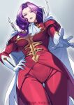  1girl absurdres breasts cape code_geass cornelia_li_britannia dutch_angle gloves hand_on_own_hip highres juliet_sleeves kagematsuri lipstick long_hair long_sleeves looking_at_viewer looking_down makeup parted_lips puffy_sleeves purple_eyes purple_hair purple_lips revision simple_background solo standing thigh_gap white_cape white_gloves 