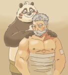  2023 anthro bandage bear beard blush crave_saga duo eyes_closed facial_hair garouzuki giant_panda hi_res human kemono male mammal nipples shaoren_(crave_saga) slightly_chubby 