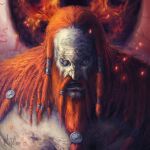  1boy artist_name beard braid braided_beard commentary elden_ring embers english_commentary extra_pupils eyeball facial_hair fire_giant_(elden_ring) giant gingerbread highres jordirapture long_beard long_hair no_pupils red_hair solo topless topless_male 