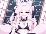  1girl absurdres ahoge animal_ears black_bow black_bra black_eyes blue_archive bow bra breasts fox_ears fox_girl fox_tail hair_bow halo highres holding holding_smoking_pipe ka_keo kitsune kuzunoha_(blue_archive) long_hair multiple_tails parted_lips petals pink_hair small_breasts smile smoking_pipe solo tail twintails underwear upper_body 