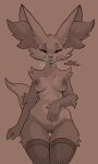  absurd_res anthro areola aroused azoomer biped bodily_fluids breasts canid canine delphox digital_media_(artwork) english_text female fishnet fox fur generation_6_pokemon genital_fluids genitals hi_res looking_at_viewer mammal medium_breasts nintendo nipples open_mouth pokemon pokemon_(species) pussy simple_background smile solo steam text 