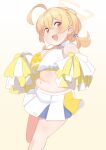 1girl ? absurdres ahoge bare_shoulders bifizu&#039;s_gold blonde_hair blue_archive blush braid breasts cheerleader commentary_request crop_top feet_out_of_frame hair_between_eyes halo highres holding holding_pom_poms kotori_(blue_archive) kotori_(cheer_squad)_(blue_archive) large_breasts long_hair looking_at_viewer midriff miniskirt navel no_nose open_mouth pleated_skirt plump pom_pom_(cheerleading) red_eyes short_twintails simple_background skirt solo triangle_halo twintails white_skirt yellow_halo yellow_skirt 