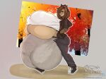  2023 anthro autumn balls barely_contained bear big_balls big_breasts big_bulge big_penis bottomwear breasts brown_body brown_fur brown_hair bulge casual_clothing cel_shading clothing ear_piercing fur genitals giant_panda gynomorph hair hi_res hiking_boots hoodie huge_balls huge_breasts huge_bulge huge_genitalia huge_penis hyper hyper_balls hyper_breasts hyper_genitalia hyper_penis intersex light_brown_body mammal pants partially_exposed_breasts penis piercing shaded side_view soft_shading solo tenna_cale thelazydreamer topwear walking 